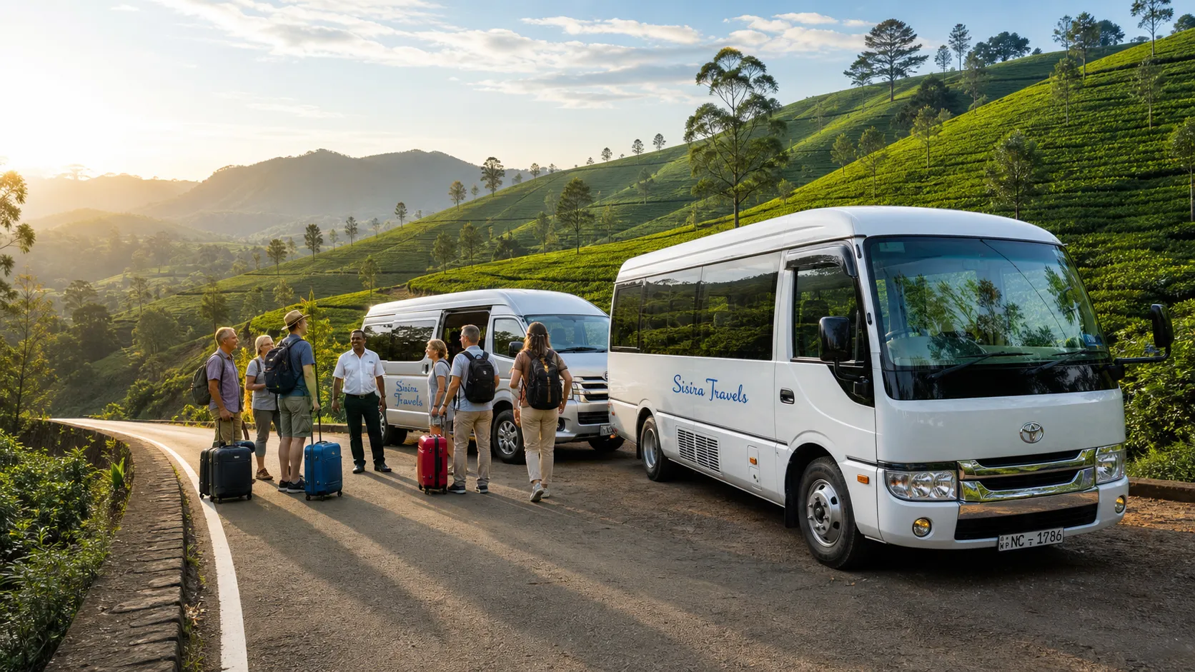 Tourist van with driver on a scenic road in Sri Lanka